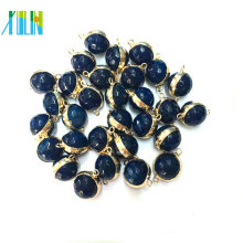 Dark Blue Gold Plated Faced Round Bead Agate Double Loop Pendant Connector Charm Necklace Jewelry